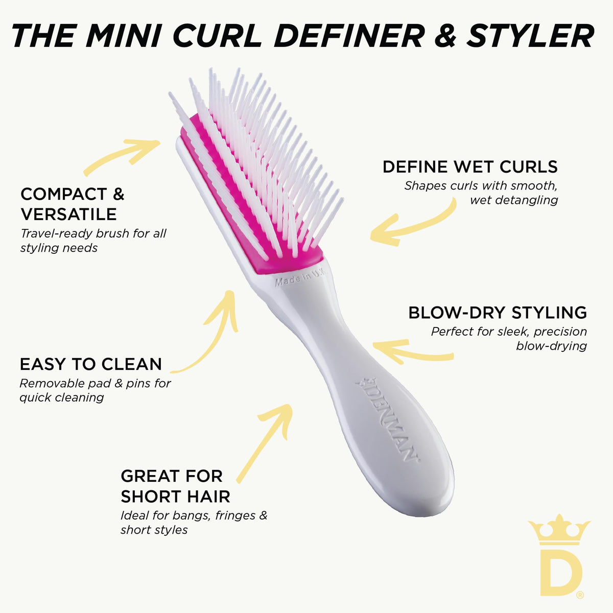 Denman Mini Curl & Blow-Dry Brush compact design for on-the-go touch-ups