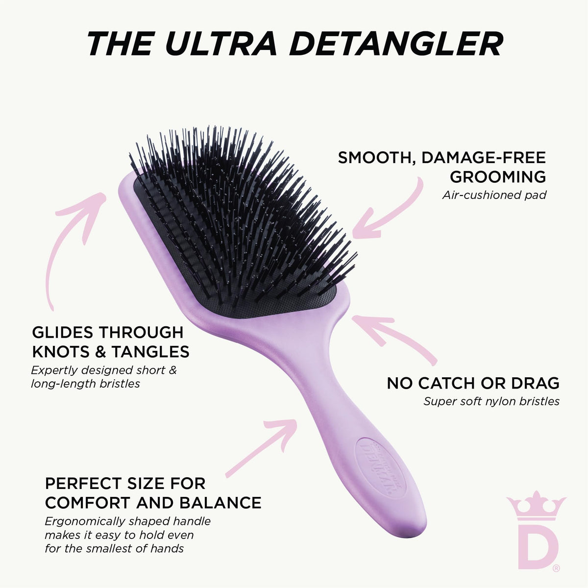 Denman Tangle Tamer Ultra air-cushioned-pad cushions scalp and reduces tugging