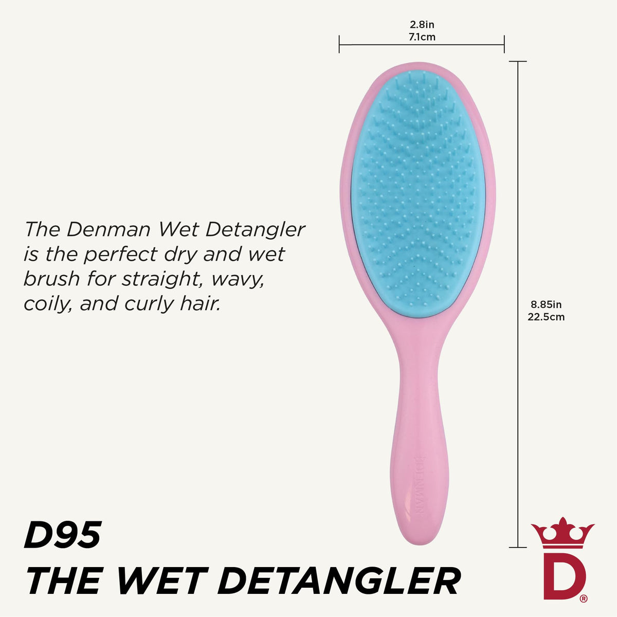 Denman Wet Detangler pink ergonomic-handle for comfortable grip during brushing.