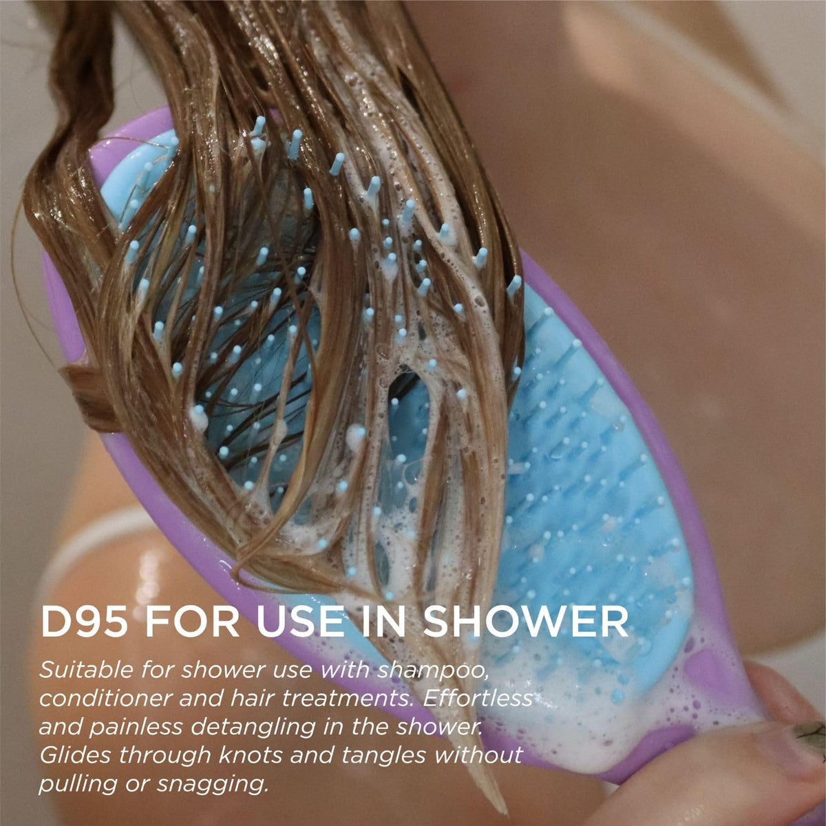 Denman Wet Detangler used in shower with shampoo for easy detangling