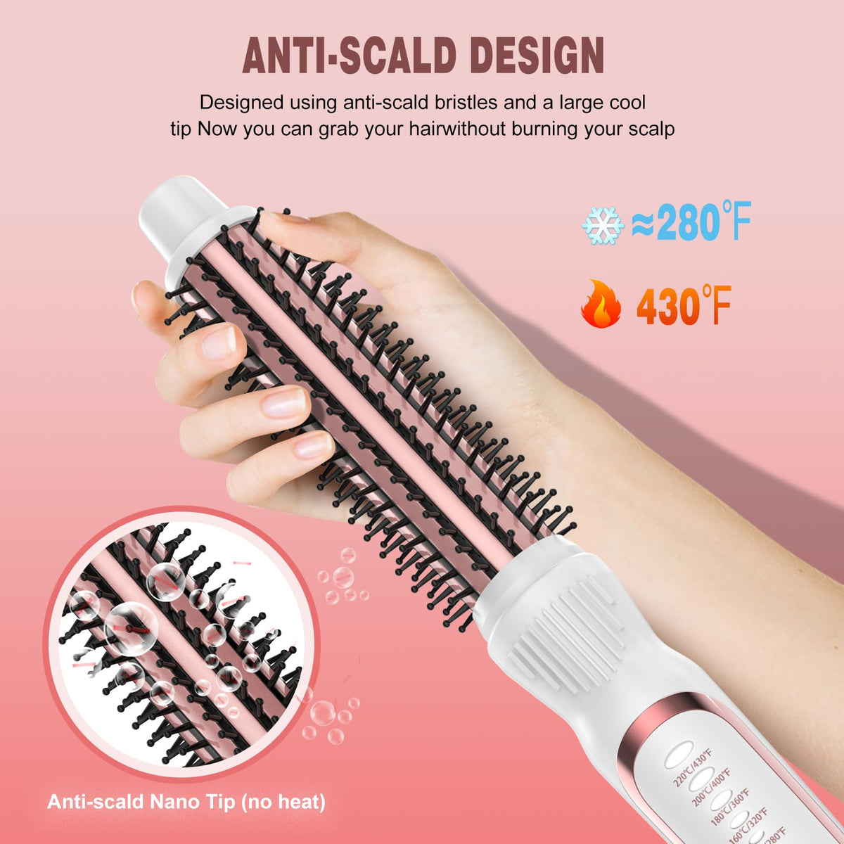 DENVEK Heated Round Brush side view, ergonomic handle supports comfortable styling sessions.