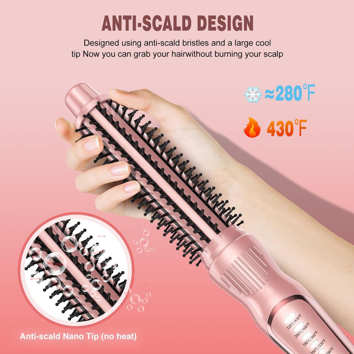 DENVEK brush shows anti-scald bristles and a cool-touch tip for safe styling.
