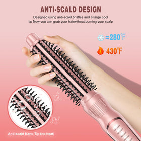 DENVEK brush shows anti-scald bristles and a cool-touch tip for safe styling.