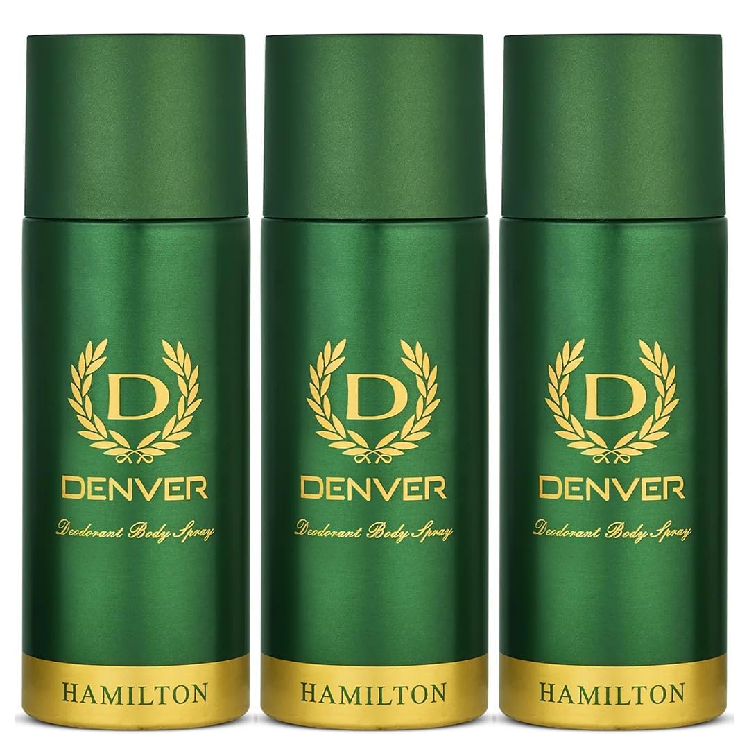 Denver Hamilton 3-pack front view highlights triple deodorant bottles for long-lasting freshness.