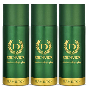 Denver Hamilton 3-pack front view highlights triple deodorant bottles for long-lasting freshness.