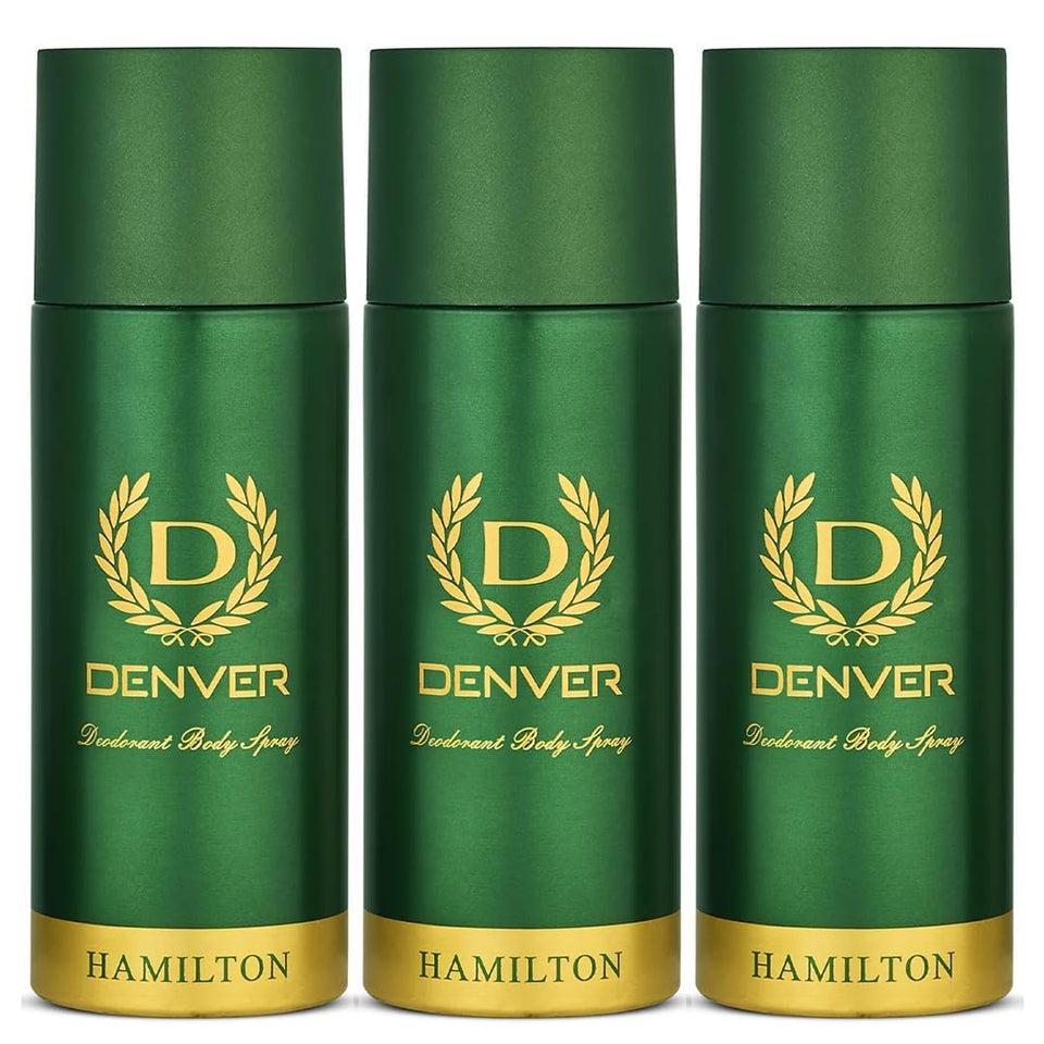 Denver Hamilton 3-pack front view highlights triple deodorant bottles for long-lasting freshness.
