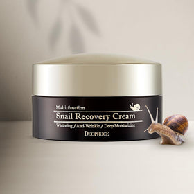 Deoproce Snail Mucin Face Cream jar close-up shows lightweight texture for layering.
