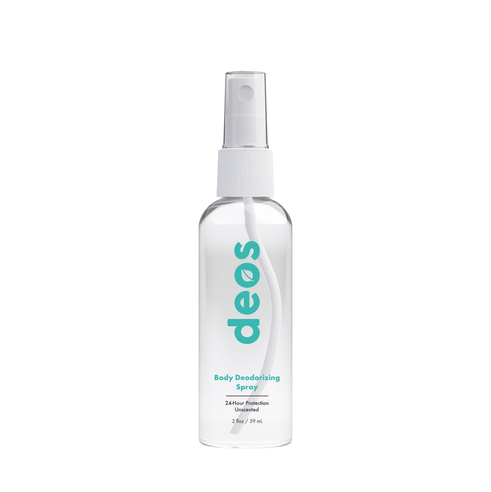 DEOS Body Deodorizing Spray bottle front, unscented formula for all-day freshness