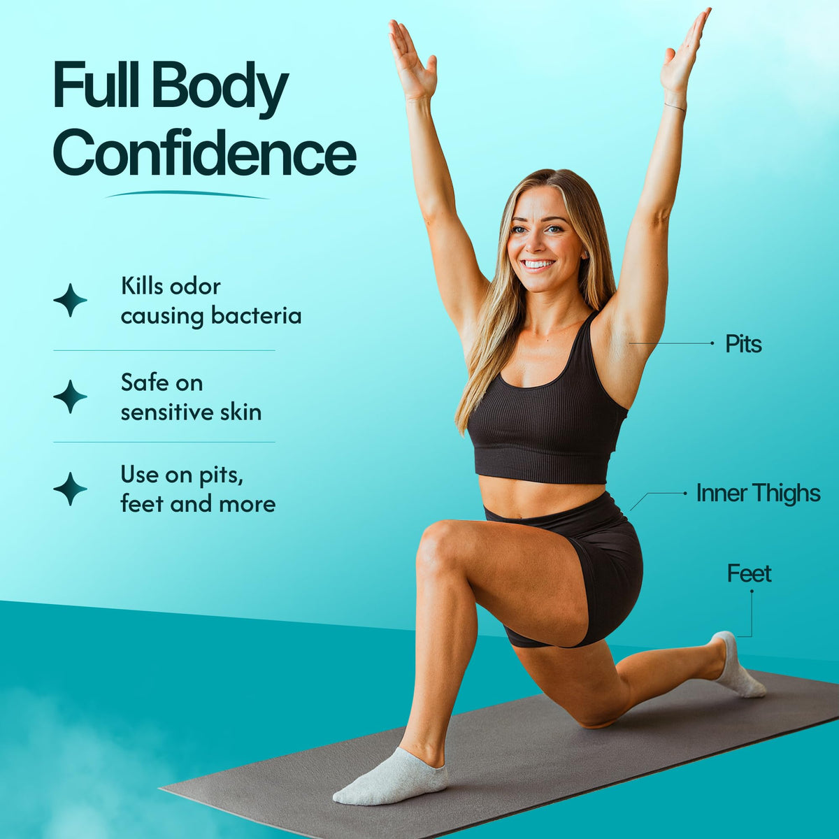 DEOS underarm application scene, easy spray for sensitive skin and odor control