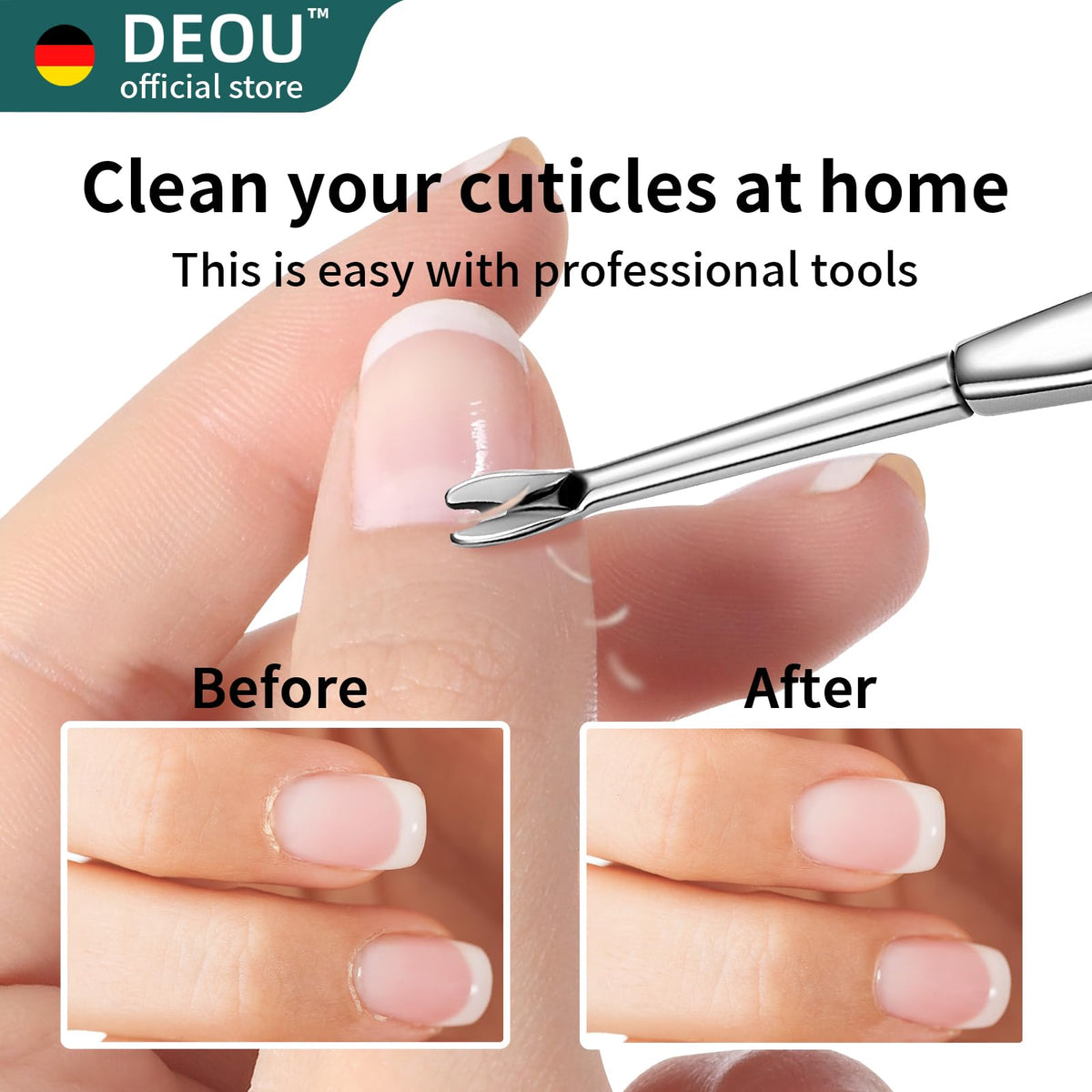DEOU hollow-handle cuticle remover with comfortable grip and fashion-forward design.