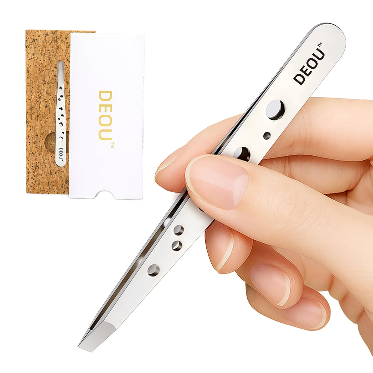 DEOU eyebrow plucker tip closeup showing precise grip for smooth plucking