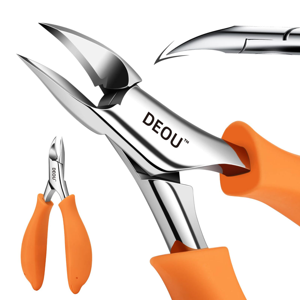 DEOU podiatrist toenail clippers with orange handle for precise trimming and comfort.