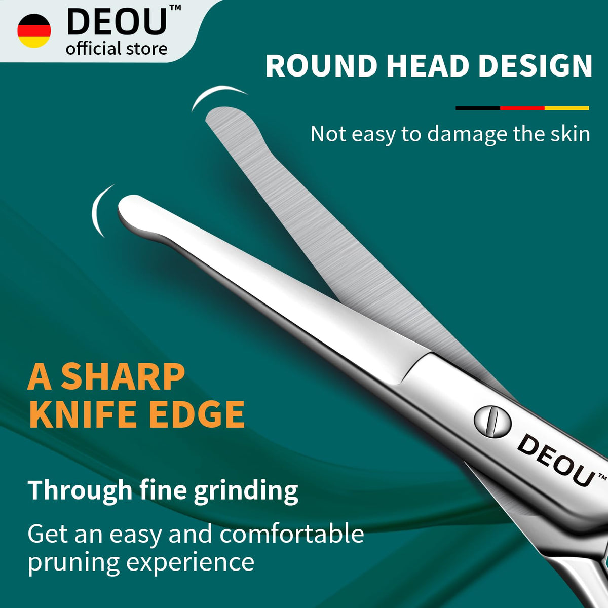 DEOU round-nose safety scissors for precise eyebrow shaping and control.