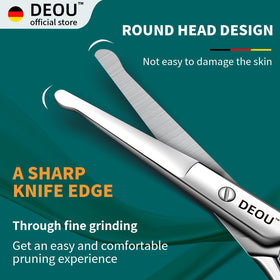 DEOU round-nose safety scissors for precise eyebrow shaping and control.