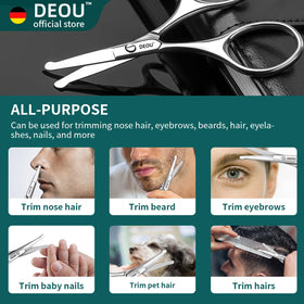 DEOU safety scissors with round-nose design for gentle lash trimming.