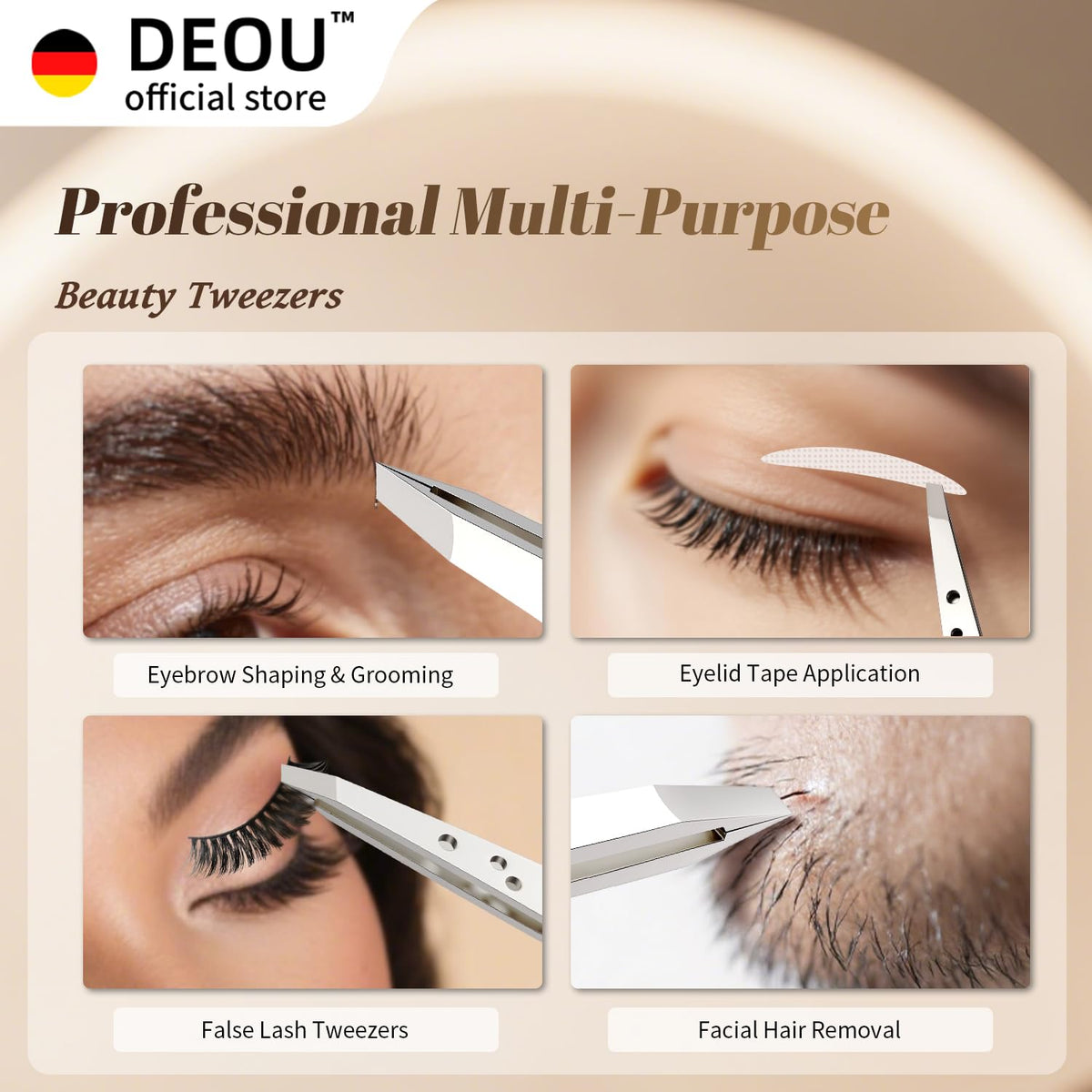 DEOU stainless steel tweezers designed for safe facial hair removal