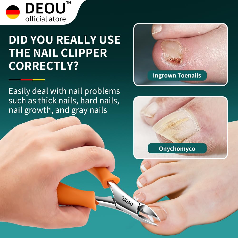 DEOU toenail clippers featuring a sharp 25-degree edge for thick nails.