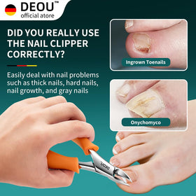 DEOU toenail clippers featuring a sharp 25-degree edge for thick nails.