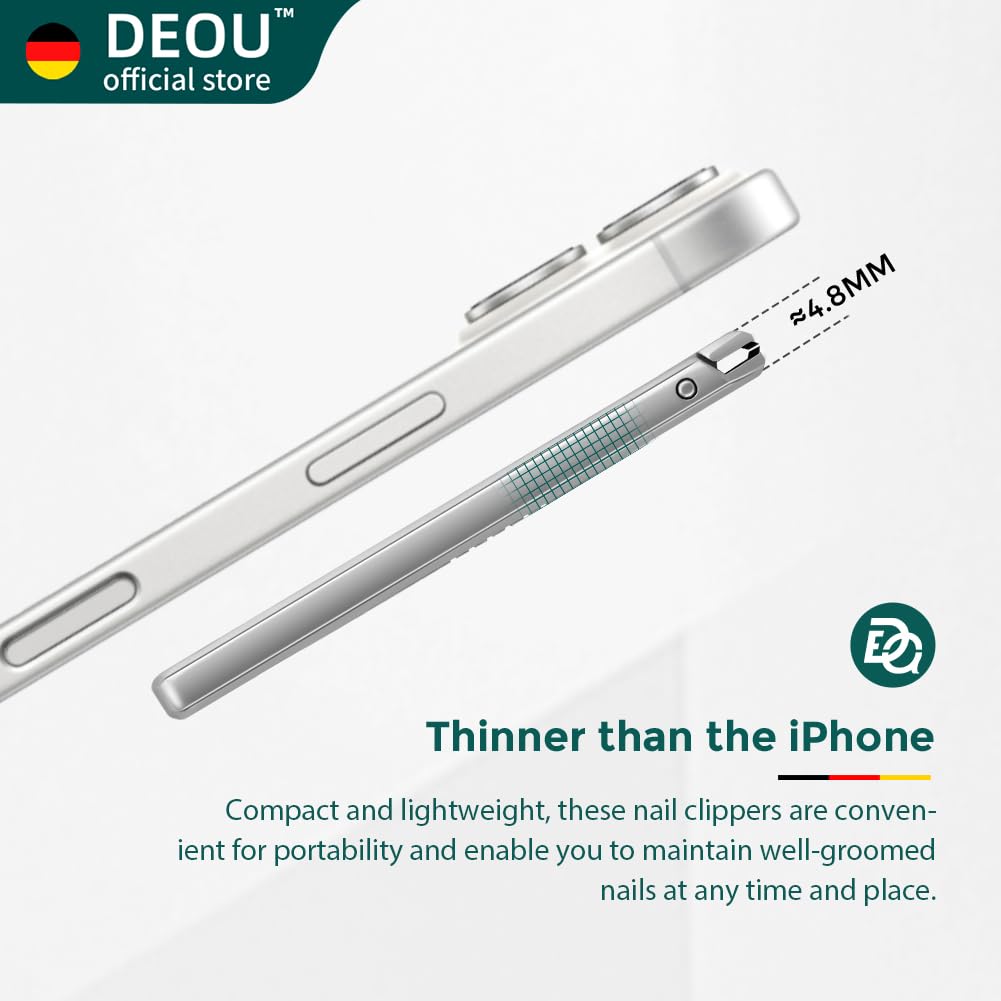DEOU travel-friendly nail clippers with built-in nail file for quick touch ups