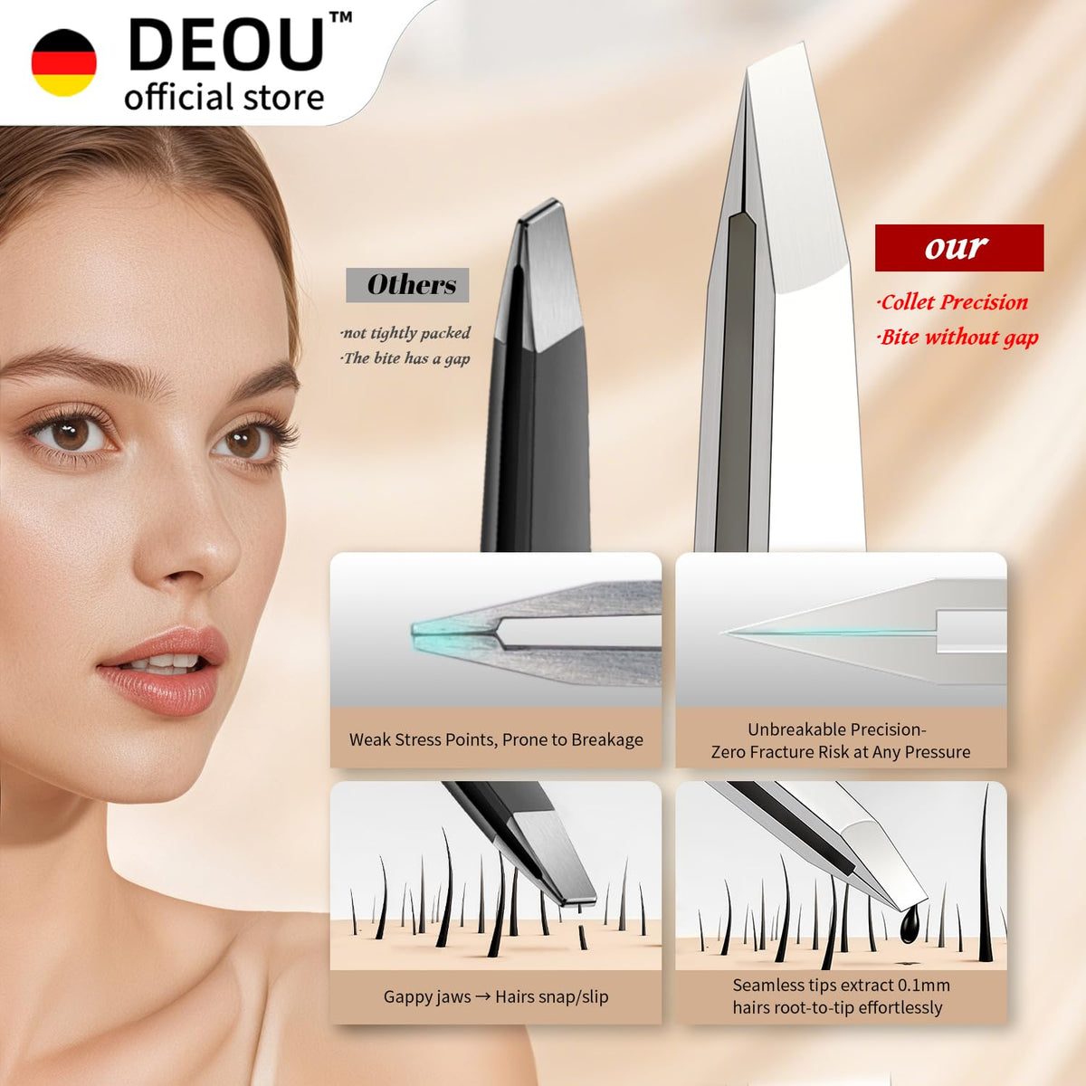 DEOU tweezers with non-slip handle for steady grooming