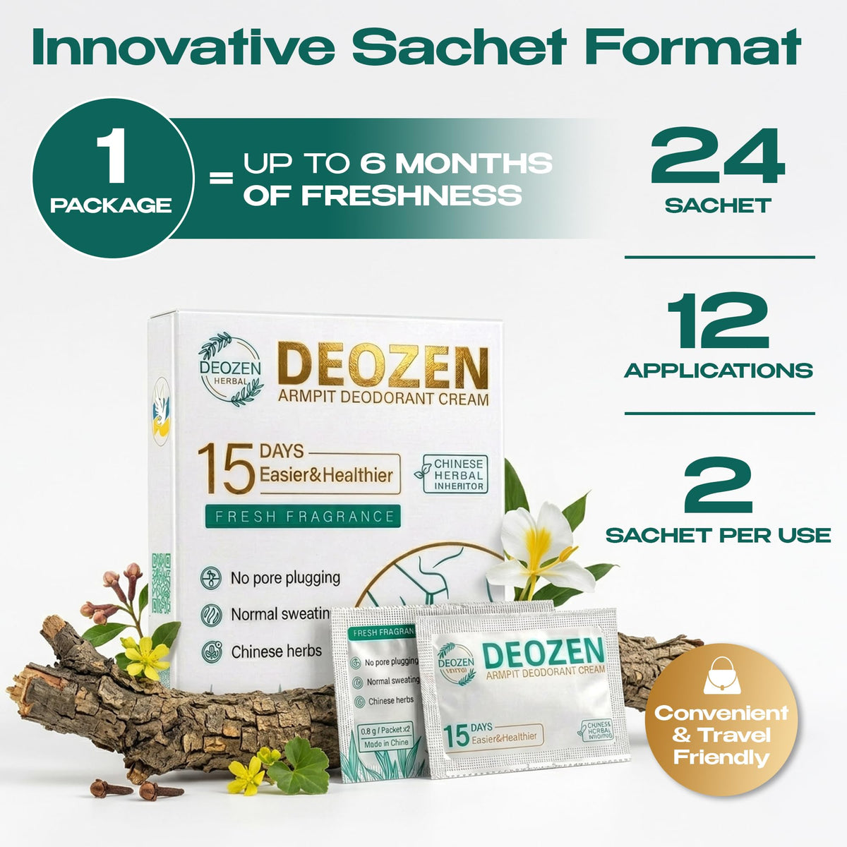 Deozen 24 sachets close-up ready for hygienic on-the-go use.