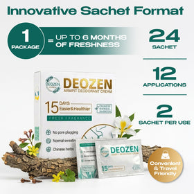 Deozen 24 sachets close-up ready for hygienic on-the-go use.