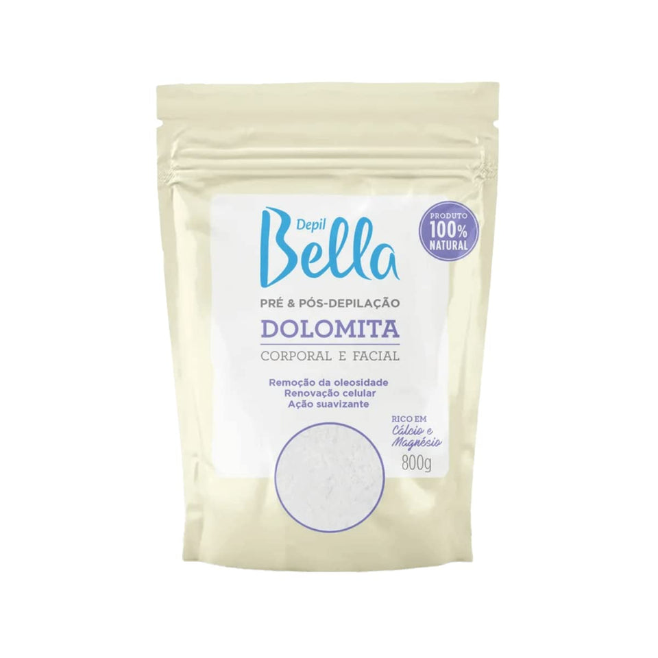 Depil Bella Dolomite Powder 800g packaging for easy pre- and post-wax prep.