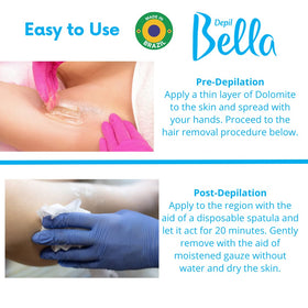 Depil Bella Dolomite Powder ready for body waxing prep and even texture.