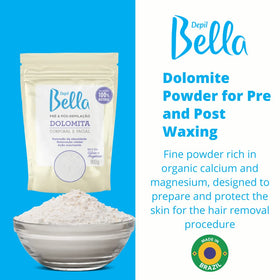 Depil Bella Dolomite Powder jar with scoop for convenient waxing prep.