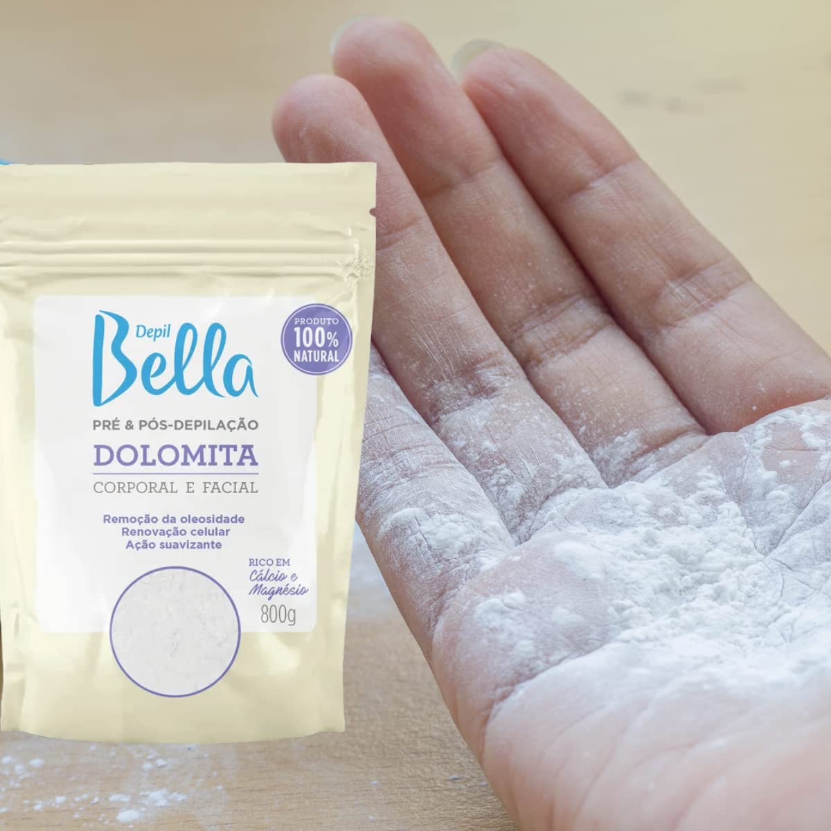 Depil Bella Dolomite Powder close-up showing fine texture for skin prep.