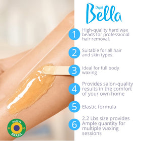 DEPIL BELLA honey propolis-infused wax suggests gentle care during waxing sessions.