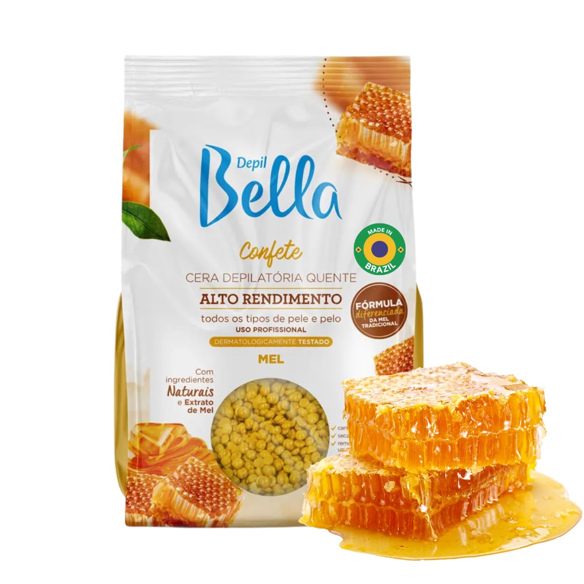 DEPIL BELLA honey wax beads packaging highlights salon-grade quality for home waxing.