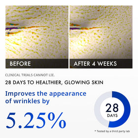 Depology MATRIXYL 3000 serum spread on cheek shows lightweight texture.