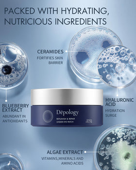 depology under-eye patches on skin demonstrating soothing, daytime use