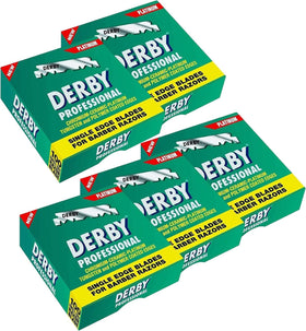 Derby Professional 500 single-edge blades pack ready for straight razor performances.