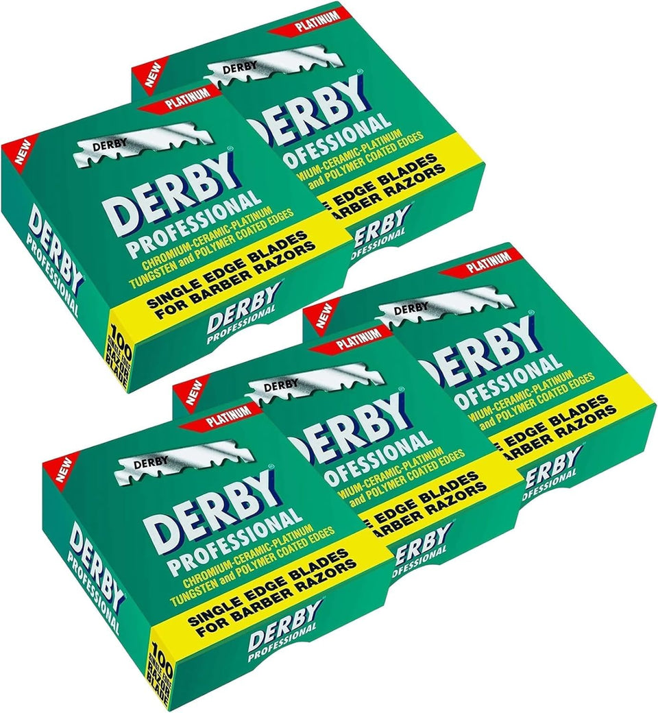 Derby Professional 500 single-edge blades pack ready for straight razor performances.