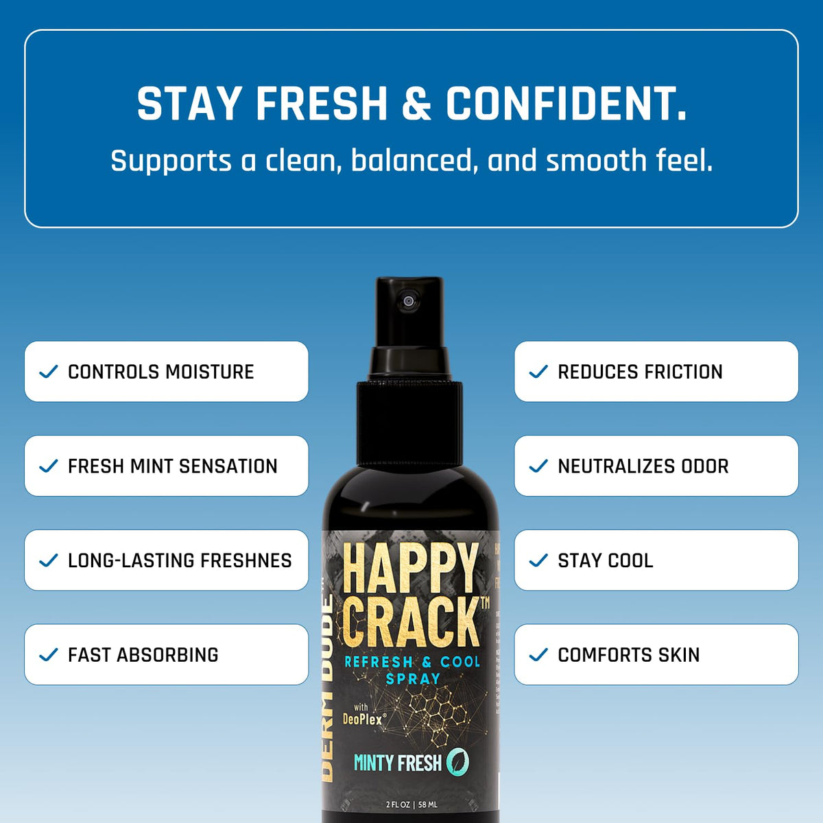 Derm Dude Happy Crack Refresh mint scent provides refreshing cooling during workouts.