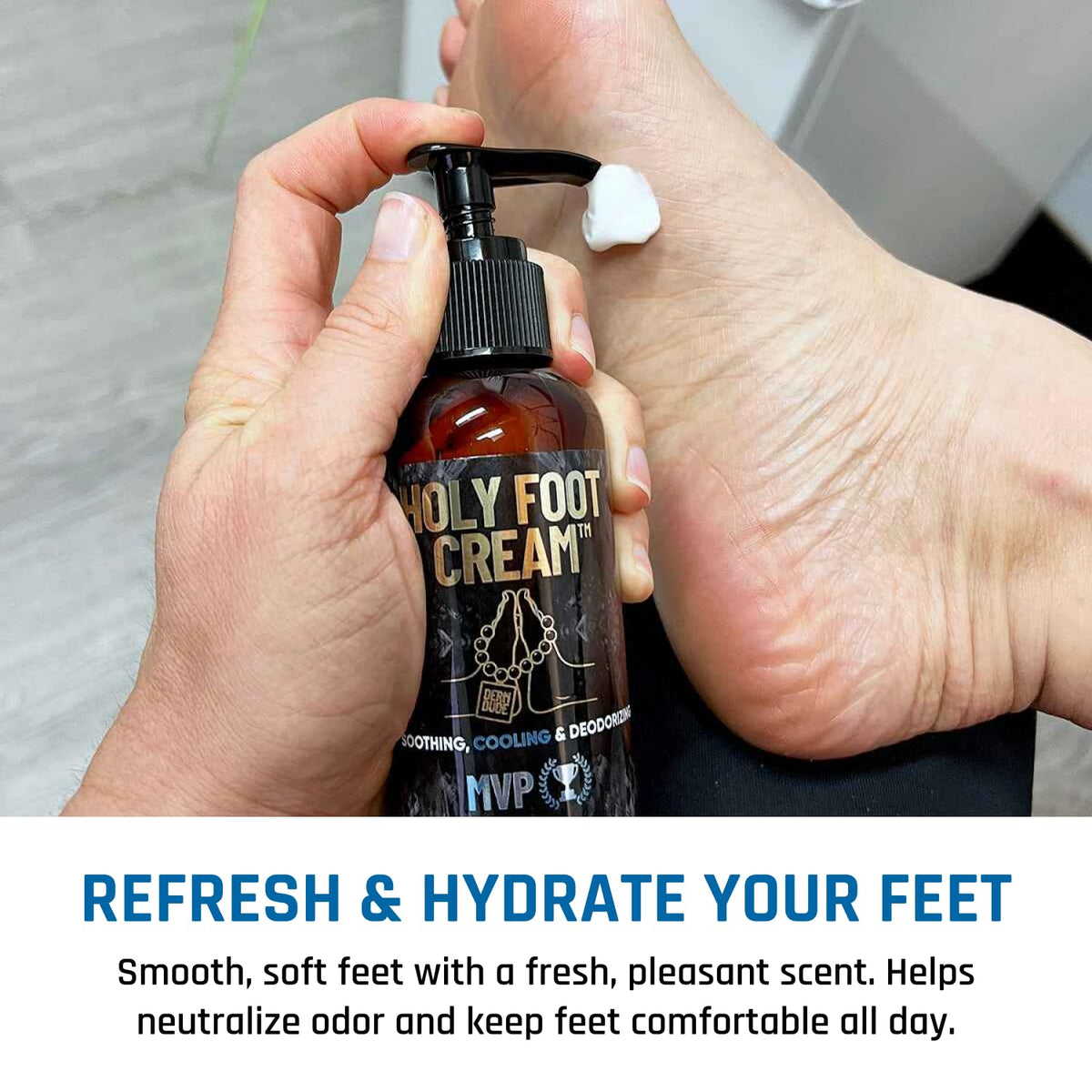 Derm Dude Holy Foot Cream gel like consistency spreading easily.