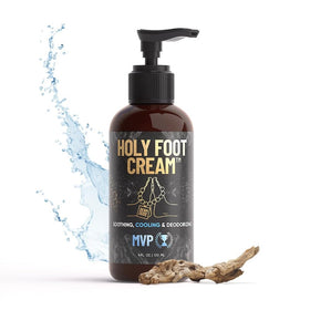 Derm Dude Holy Foot Cream on feet after shower for quick absorption.