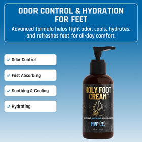 Derm Dude Holy Foot Cream label visible showing DeoPlex freshness claim.
