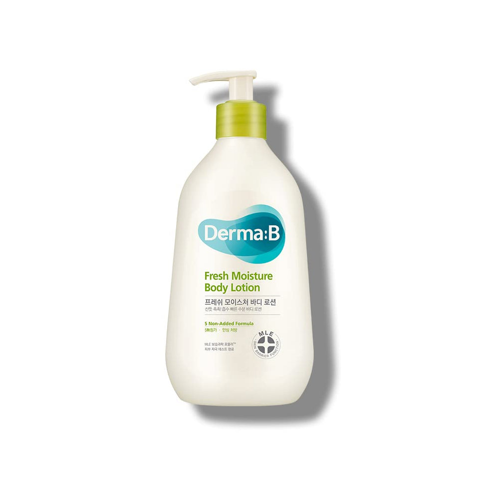 Derma B Fresh Moisture Body Lotion bottle demonstrates long-lasting hydration for very dry skin.