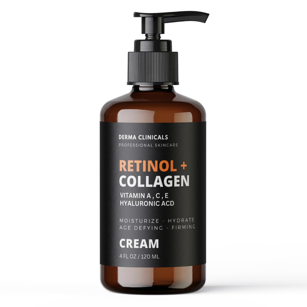 DERMA CLINICALS Retinol and Collagen cream bottle ready for daily use.