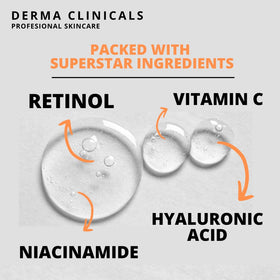 DERMA CLINICALS Retinol+ Serum ingredients visualization highlighting key actives