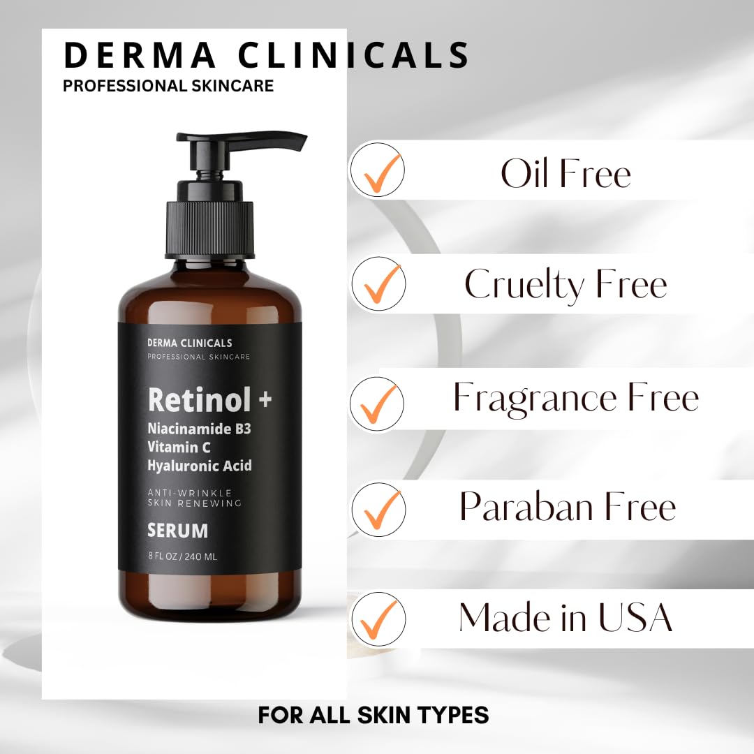 DERMA CLINICALS Retinol+ Serum USA-made seal on packaging