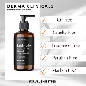 DERMA CLINICALS Retinol+ Serum USA-made seal on packaging
