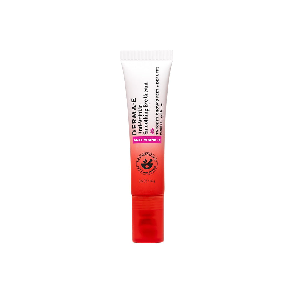 Derma E anti-wrinkle eye cream tube close-up highlighting smooth finish