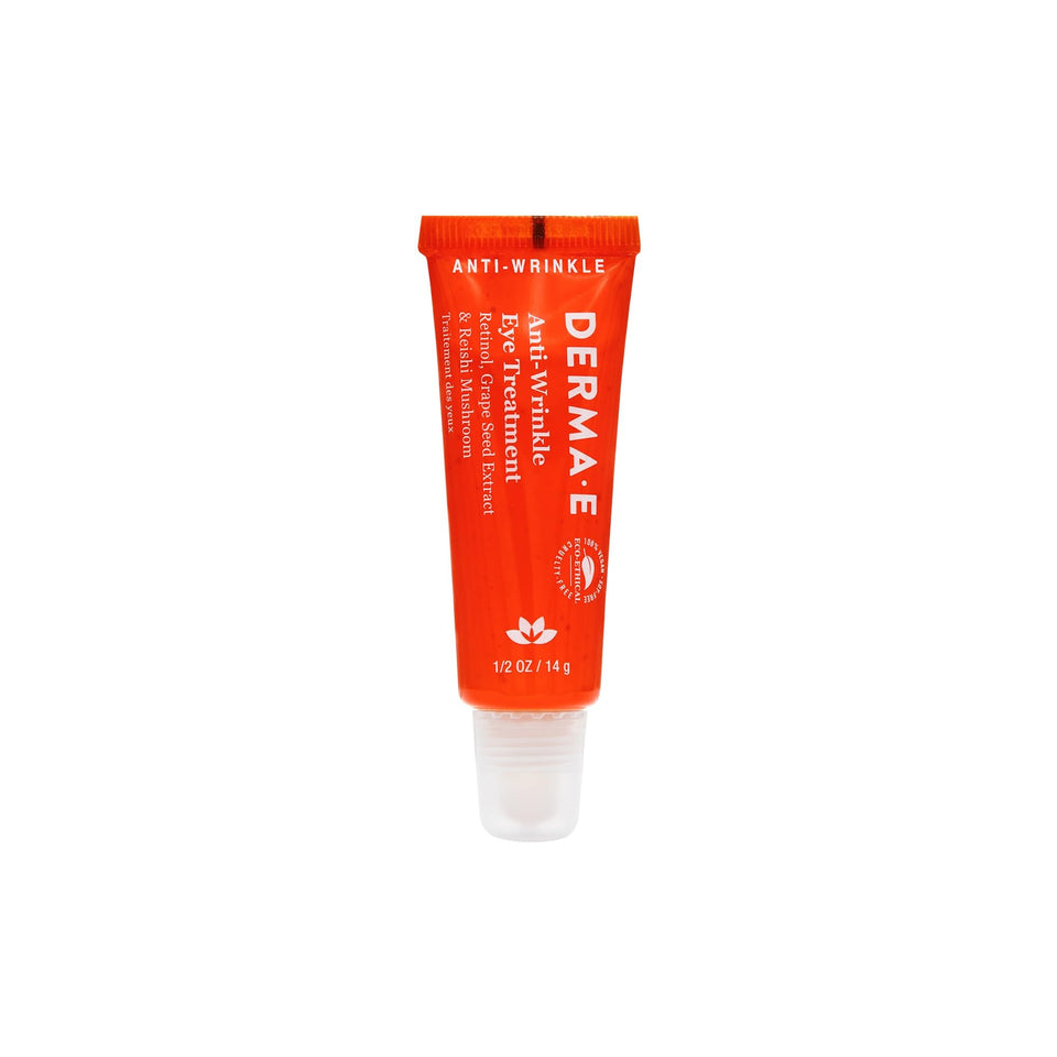 Derma E Anti-Wrinkle Eye Treatment bottle showing retinol benefits for smoother under-eye skin.