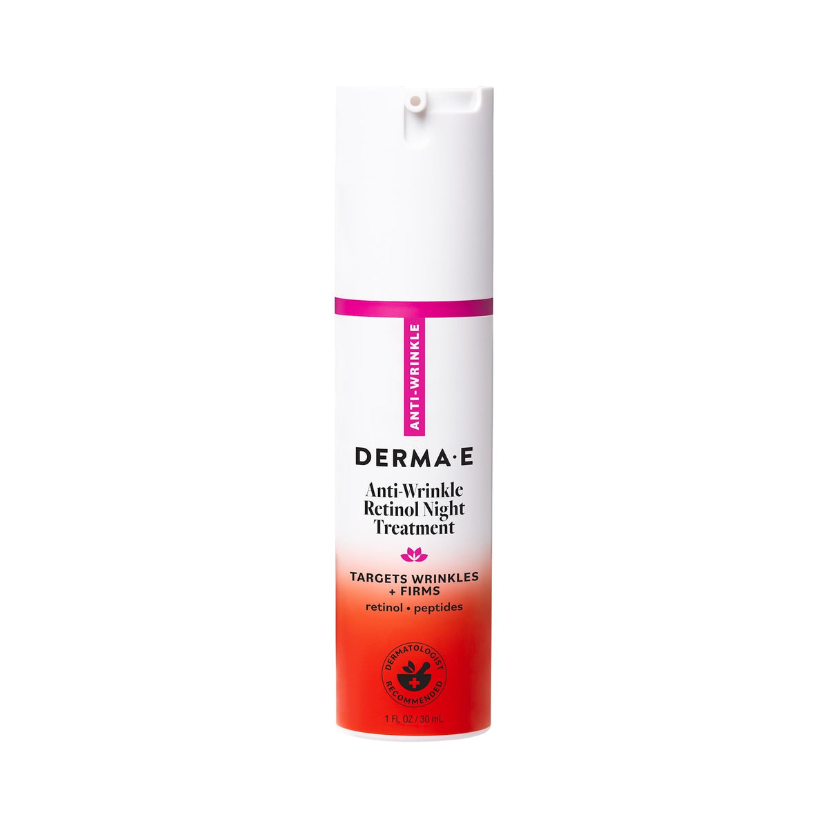 Derma E anti-wrinkle night lotion bottle ready for overnight smoothing.