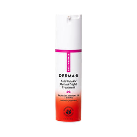 Derma E anti-wrinkle night lotion bottle ready for overnight smoothing.