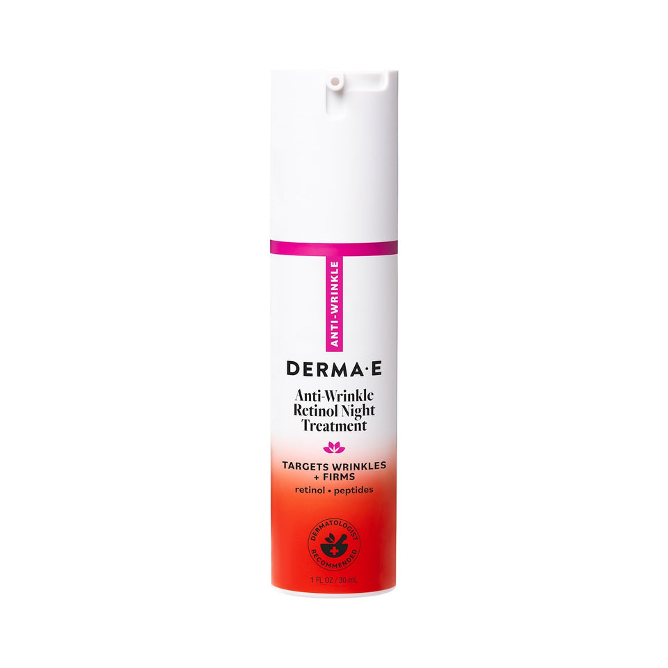 Derma E anti-wrinkle night lotion bottle ready for overnight smoothing.